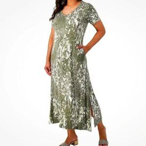 Belle Kim Gravel Maxi Dress PM Petite Medium Olive Cream V Neck Pockets Casual